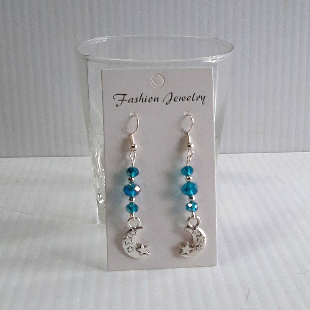 Hand CraftedEarringsPierced BlueRondelle-Moon&Star
